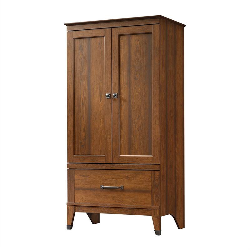 Medium Brown Cherry Wood Bedroom Wardrobe Armoire with Garment Rod and Drawer Storage - 33.4"W x 21.1"D x 65.9"H