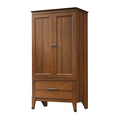 Medium Brown Cherry Wood Bedroom Wardrobe Armoire with Garment Rod and Drawer Storage - 33.4"W x 21.1"D x 65.9"H