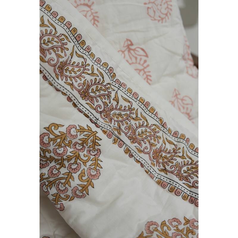 Fabdivine Floral Print Cotton Traditional Bedding Quilt Guldasta Brown Pink, Handmade Reversible Bedspread for Bedroom Decor