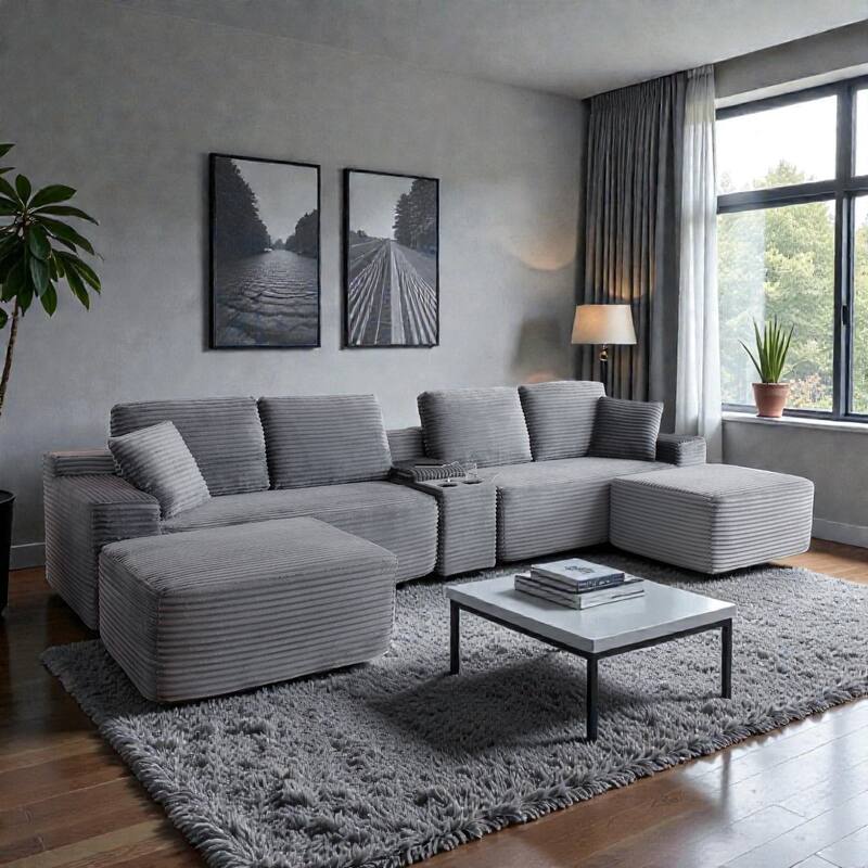 125" L Shaped Sectional Sofa with 2 Ottomans, Cloud Corduroy Couch with Deep Seat, Cup Holders and USB Ports