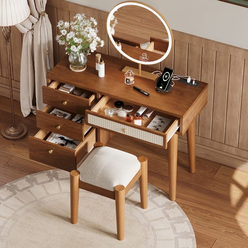 Classic Wooden Makeup Vanity Set with Stool, Dressing Table with 4 Storage Drawers, Walnut