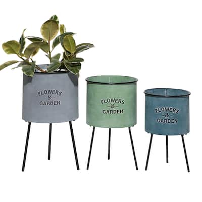 Metal Planter with Flowers And Garden Text and Black Tripod Legs - Set of 3 Multi Colored - Roche River Decor