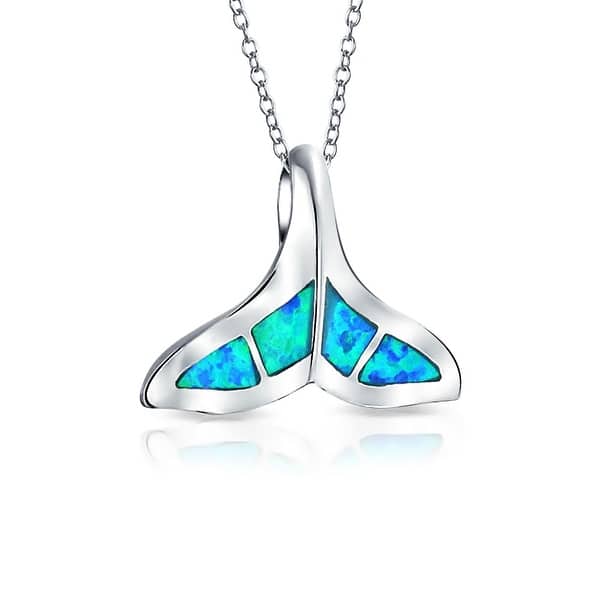 Sterling Silver Created Opal /& CZ Whale Tail Pendant with 18 Chain
