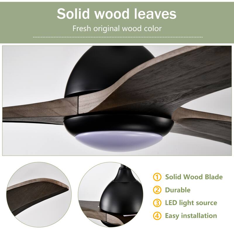 52 Inch Ceiling Fan with Light and Remote, Indoor/Outdoor Wood Ceiling Fan with 3 Blades, Noiseless Reversible DC Motor