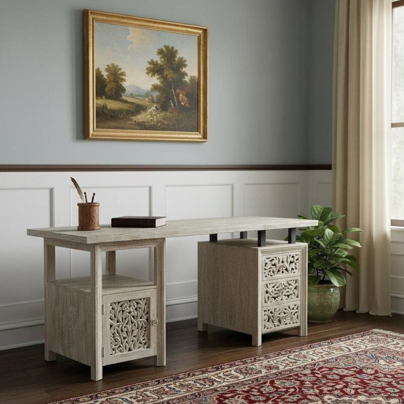HomeRoots 68" White Solid Wood and Metal Carved Floral Desk With Three Drawers - White