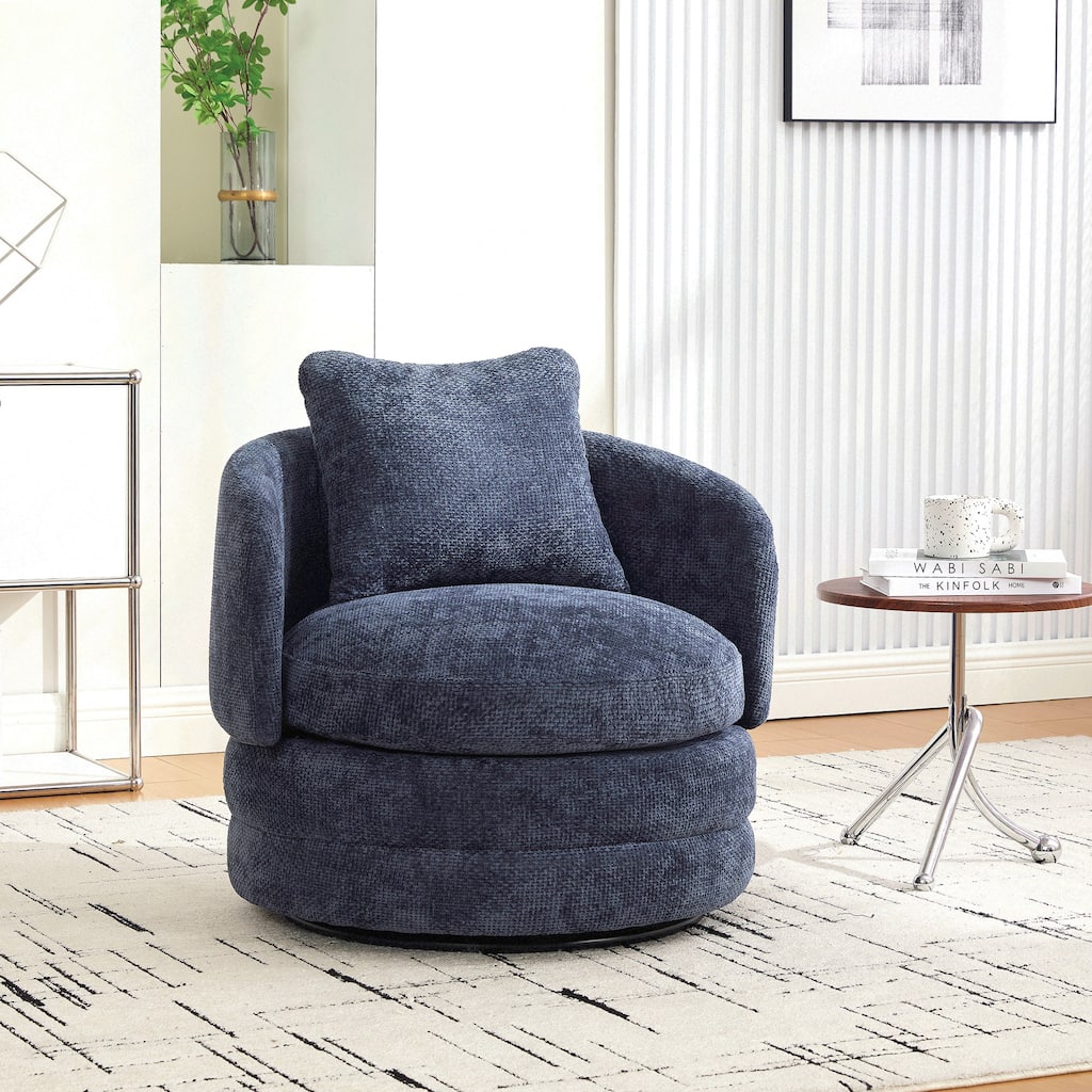 30"W Modern Round 360°Swivel Barrel Accent Chair with Pillow, Chenille Upholstered Comfy Barrel Armchair, Single Sofa Chair