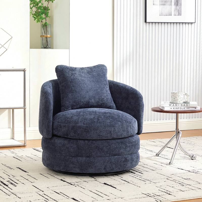 30"W Modern Swivel Barrel Chair with Pillow, Chenille Upholstered Accent Armchair Single Club Sofa Chair - Navy