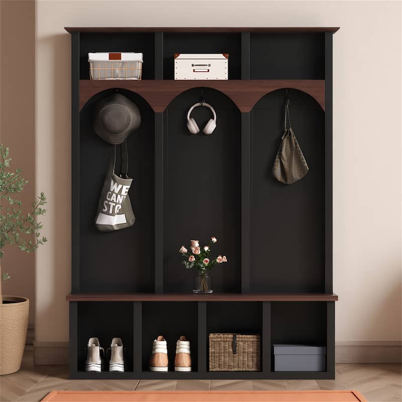 Farmhouse Arched Hall Tree with Storage Bench & Shoe Cabinet - Black