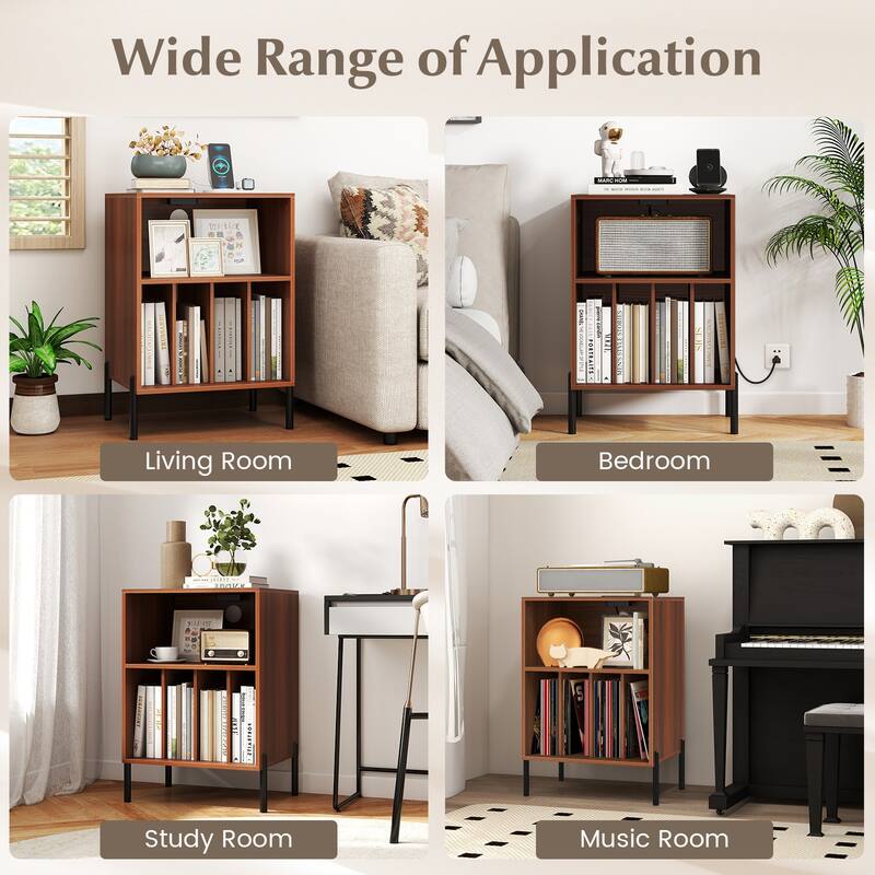 Gymax Record Player Stand w/Charging Station 5 Storage Compartments