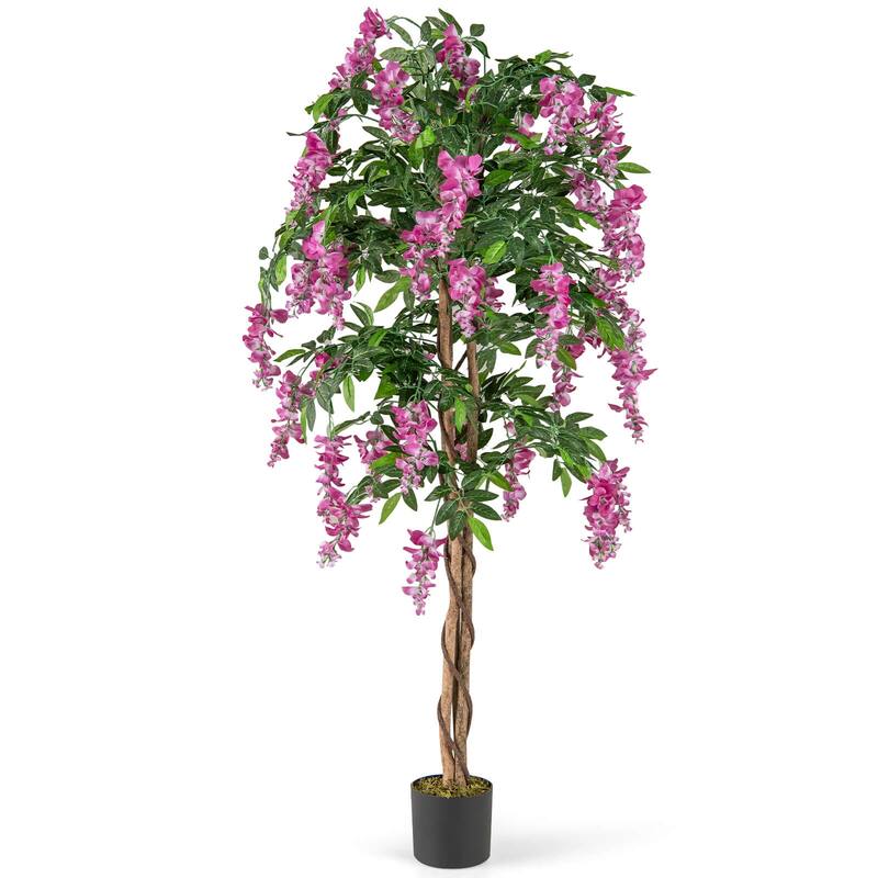 5.5FT Ficus Artificial Tree Faux Wisteria Tree in Nursery Pot - Green+Brown+Rosy - 1 pcs