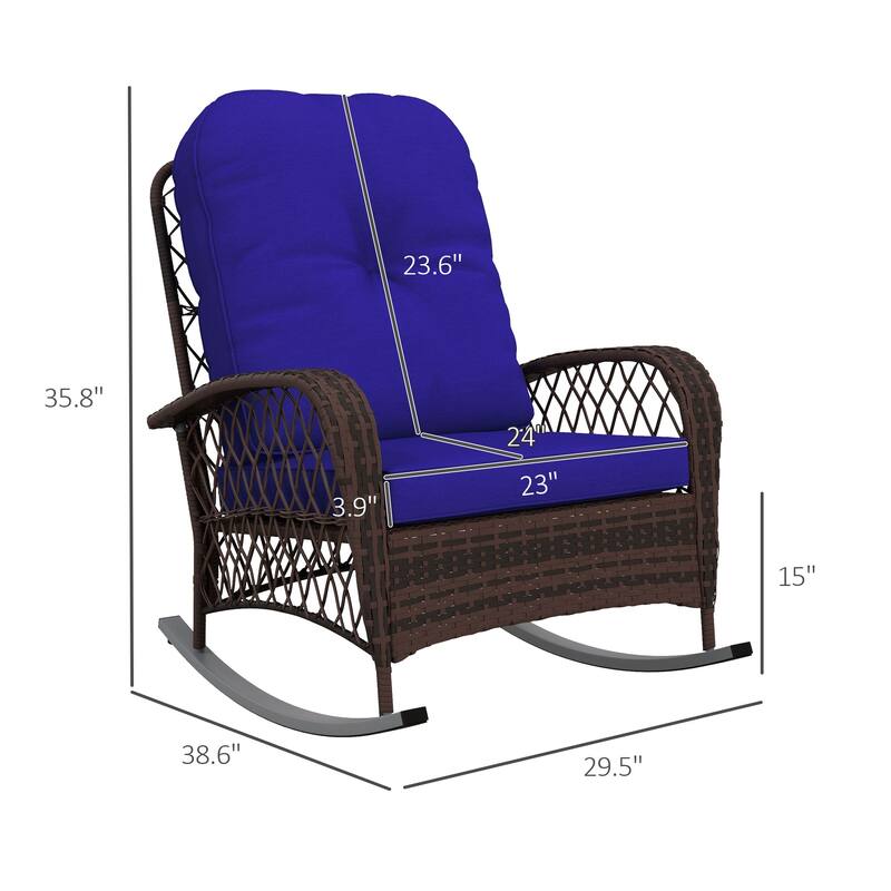 Outsunny Outdoor Wicker Rocking Chair with Wide Seat, Thick, Soft Cushion, Rattan Rocker w/ Steel Frame, High Weight Capacity