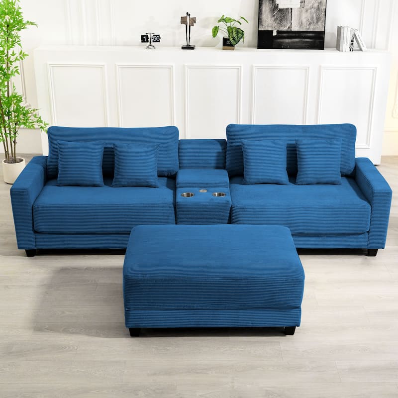 Oversized Corduroy Upholstered Sofa with a Removable Ottoman & 4 Pillows
