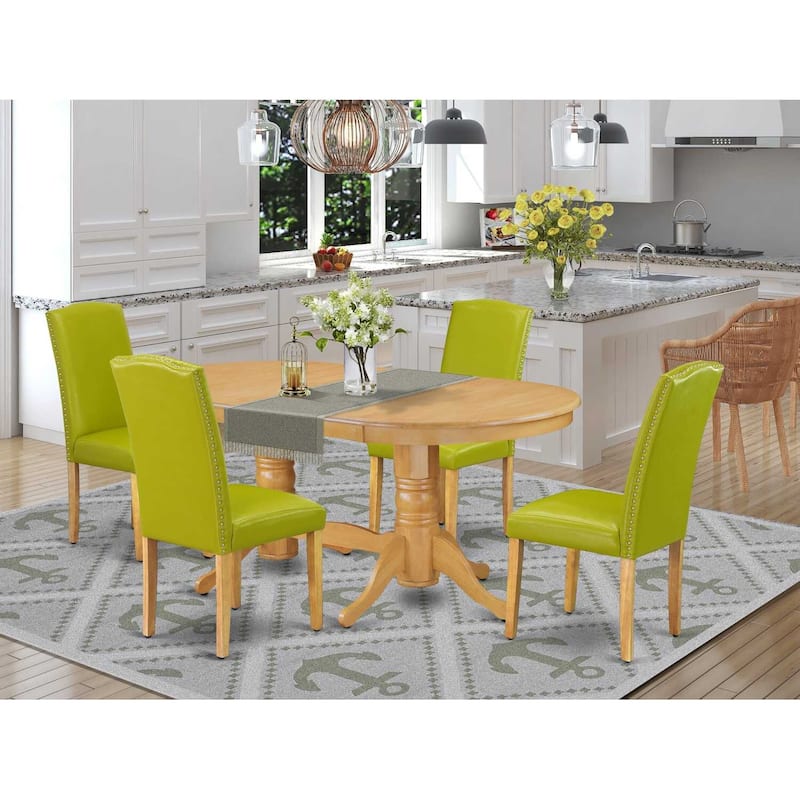 Mid-Century Dining Set 4 Person - Table with Leaf & 4 Parsons Chairs - Autumn Green PU Leather