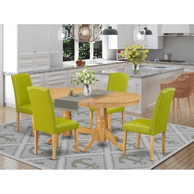 Mid-Century Dining Set 4 Person - Table with Leaf & 4 Parsons Chairs - Autumn Green PU Leather