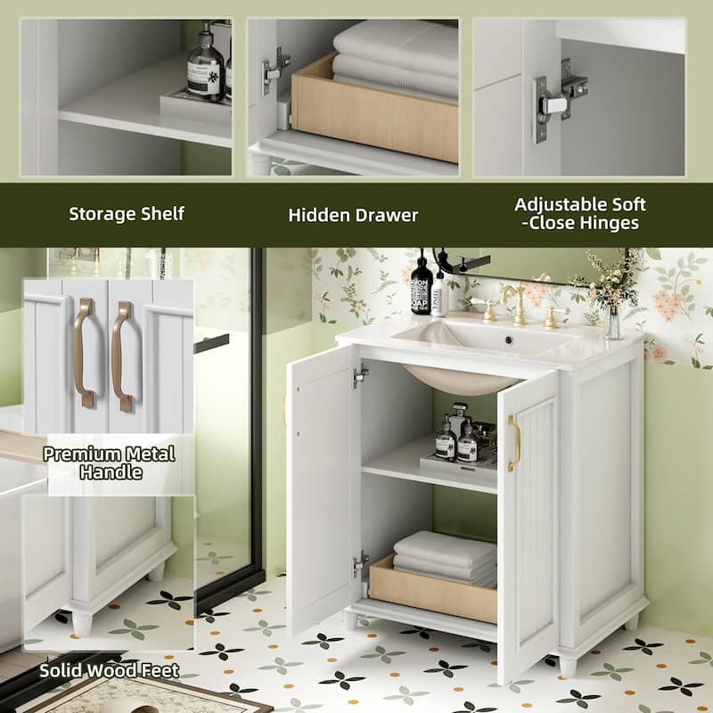 30" Freestanding Bathroom Vanity with Resin Sink - Hidden Drawer and Storage Cabinet
