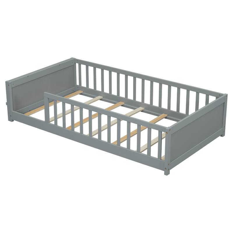 GDFStudio - Kensington Twin Floor Platform Bed with Built-in Book Storage Rack and Guardrails