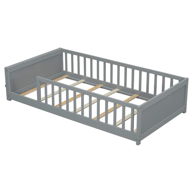 Grey Twin Size Pine Wood Floor Platform Bed with Built-in Book Storage Rack and Fence