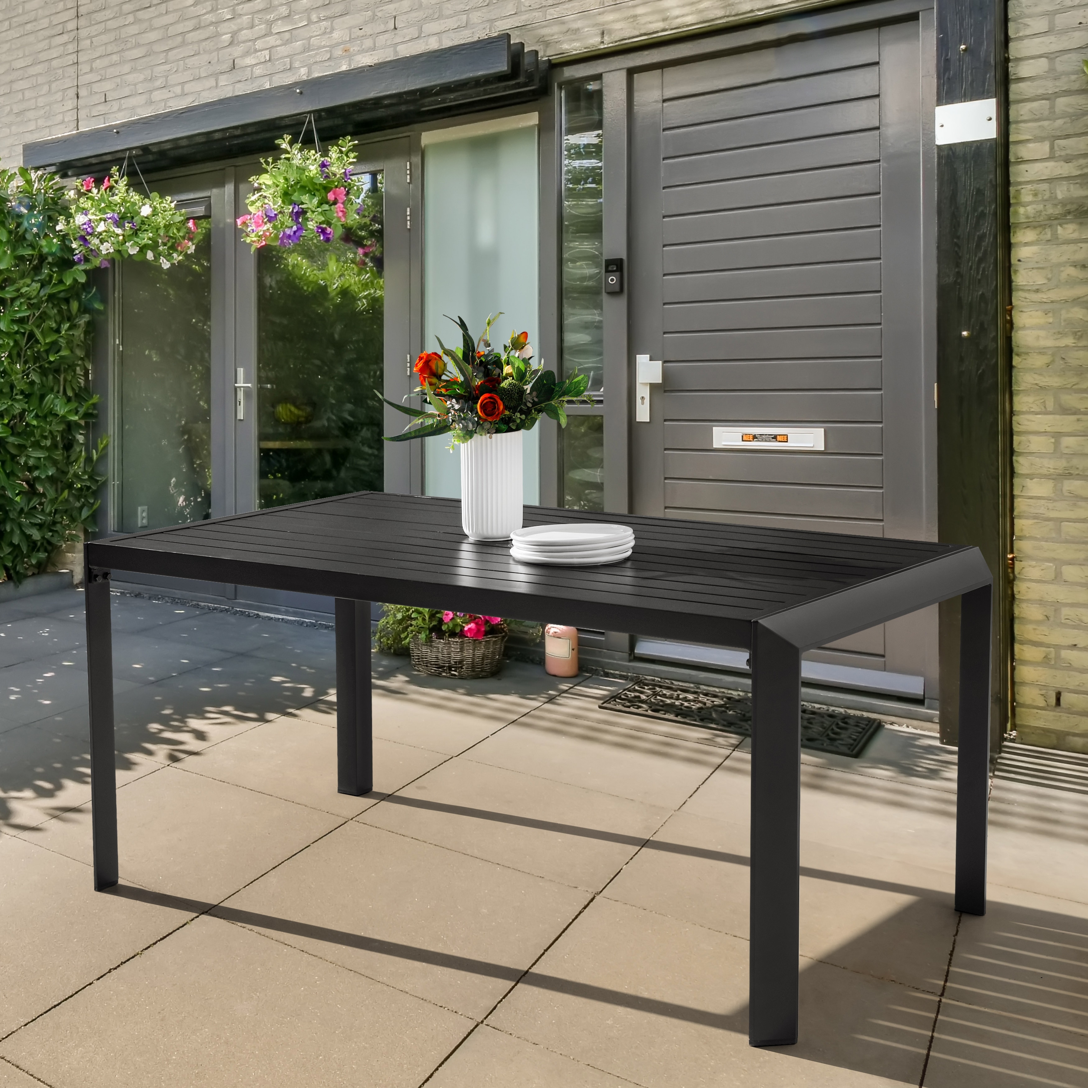 Nuu Garden Outdoor Aluminum Dining Table with Umbrella Hole, Black