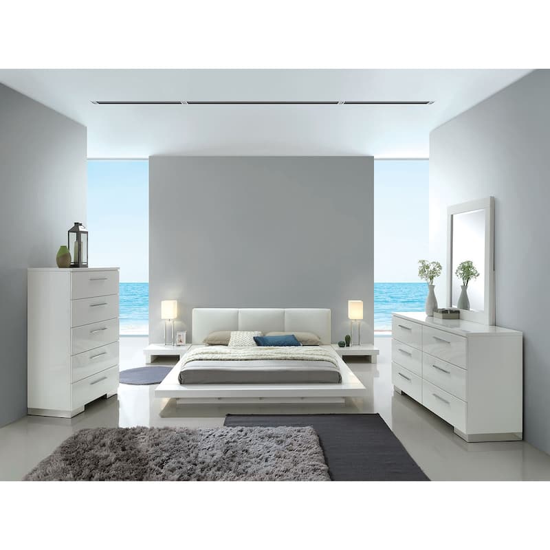 Low Profile Bed with Padded Fabric Headboard Design in White