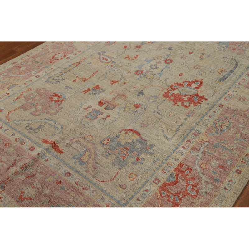 Vegetable Dye Oushak Turkish Area Rug Floral Handmade Wool Carpet - 6'1"x 8'10"