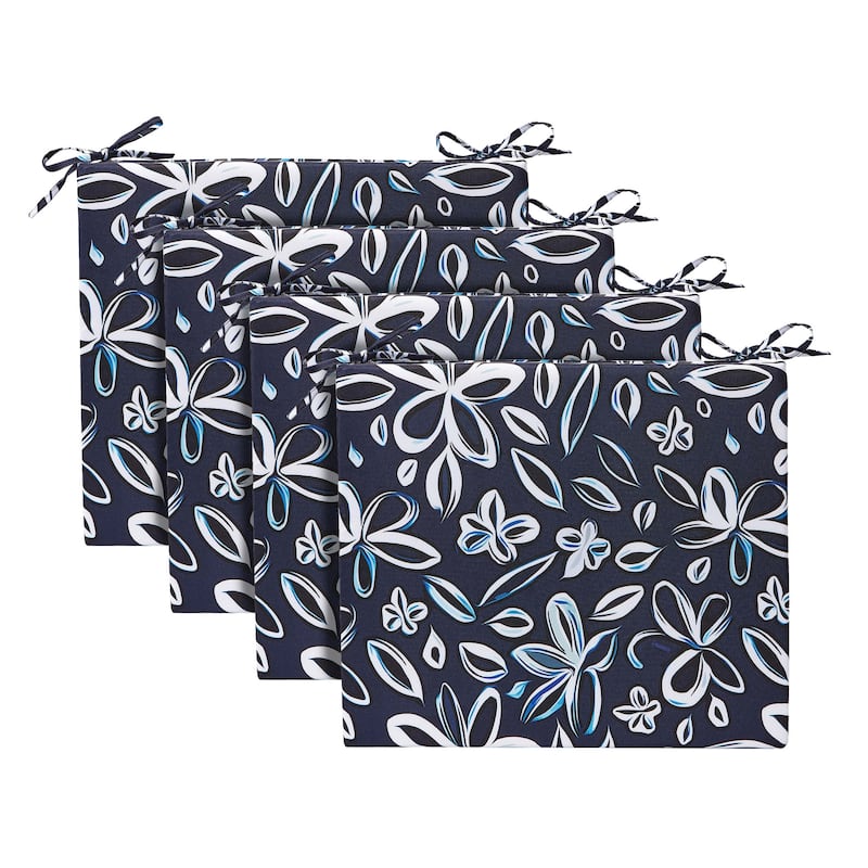 Set of 4 Waterproof Outdoor Chair Cushions with Ties for Patio Furniture - 18.5x16x3" Square Corner - Navy and White