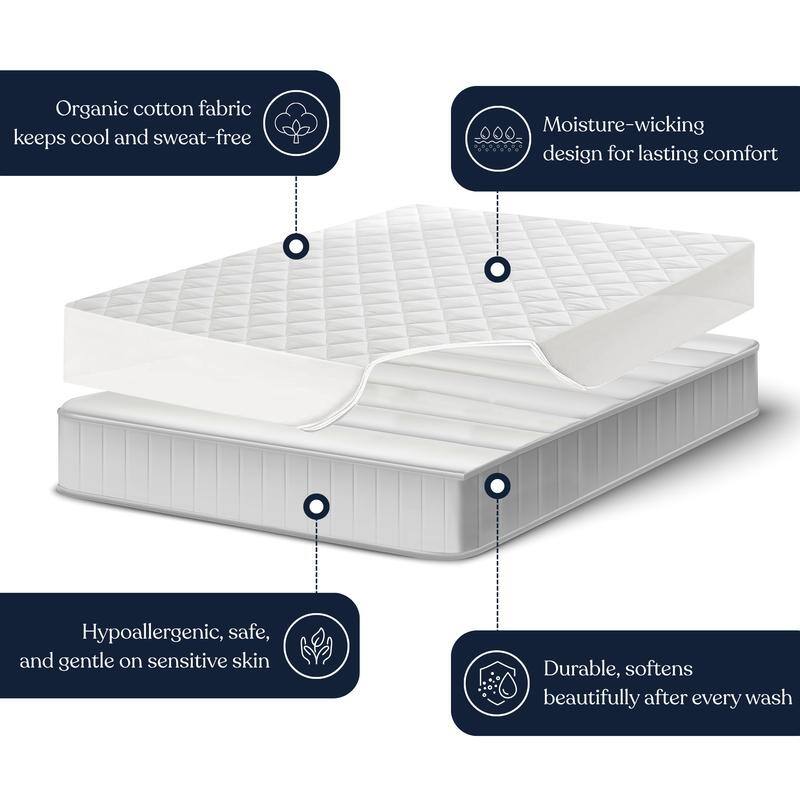 Delara 100% Organic Cotton Quilted Mattress Protector, GOTS Certified, Breathable, Ultra Soft 400 TC Long-Staple Cotton, White