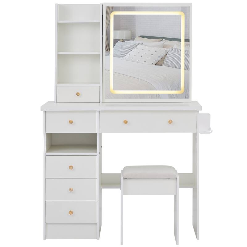 37" Middle Size Left Drawer Desktop Vanity Table + Cushioned Stool Dresser Set, Large Touch Control LED Sliding Mirror