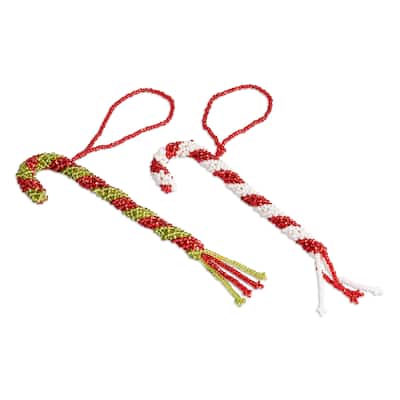 Novica Handmade Candy Cane Duo Glass Beaded Ornaments (Pair)