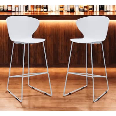HomeRoots Set of Two 30" White and Silver Heavy Duty Plastic and Metal Low Back Bar Height Bar Chairs