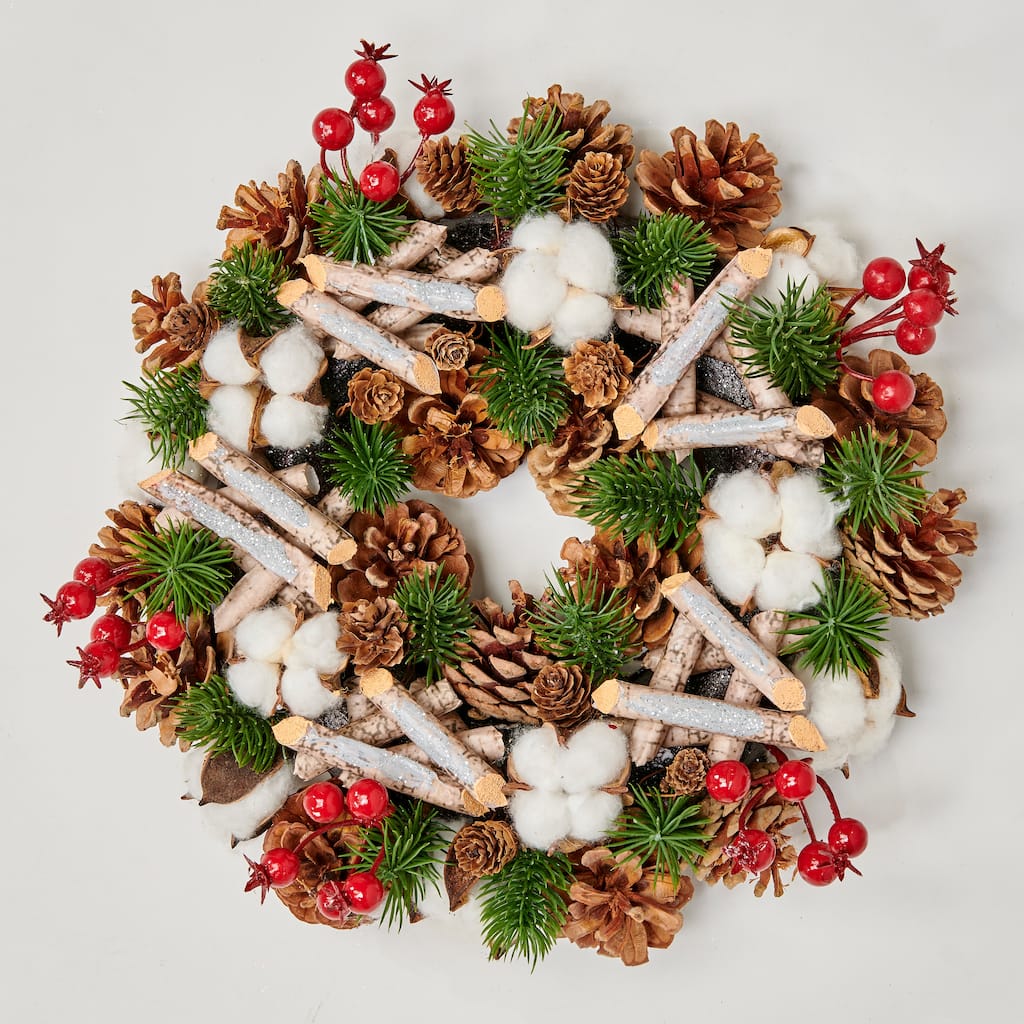 12" Artificial Birch Log Wreath w/ Pine Cones, Cotton & Berries - Multicolor