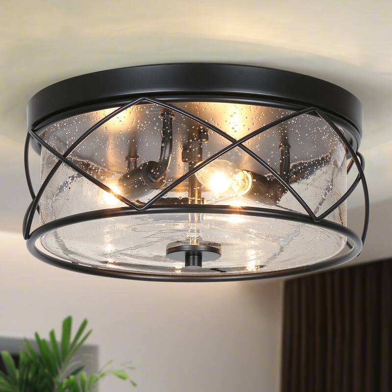 Raretta Modern Farmhouse Black 3-Light Drum Flush Mount Glass Ceiling Light - D13" x H6"