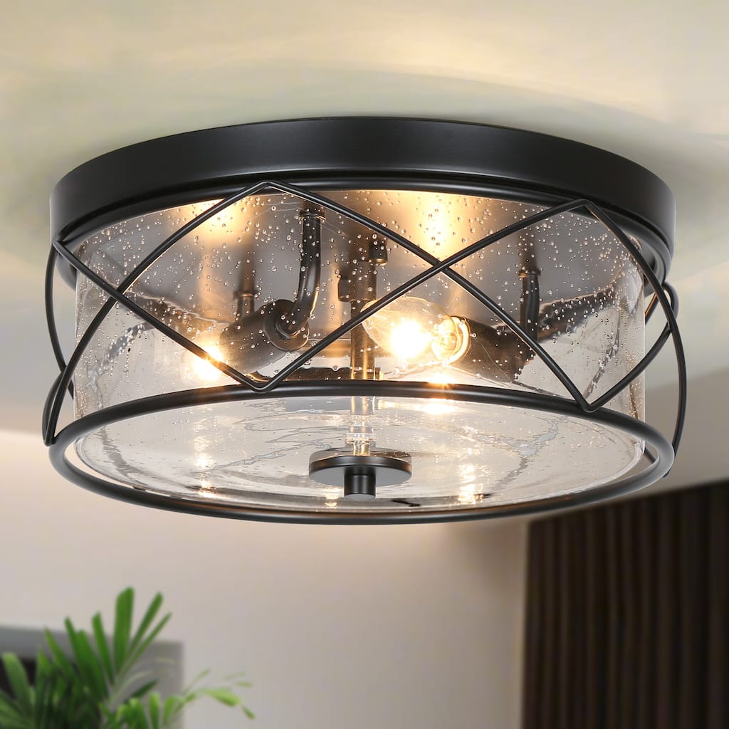 Raretta Modern Farmhouse Black 3-Light Drum Flush Mount Glass Ceiling Lights - D13" x H6"