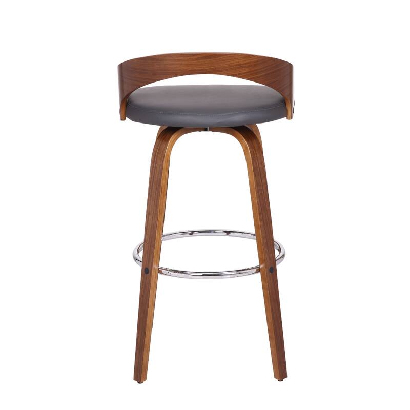 Modern 30 Inch Swivel Bar Stool with Low Back Grey Faux Leather Seat and Walnut Iron Frame - 35”H x 19”W x 19”D
