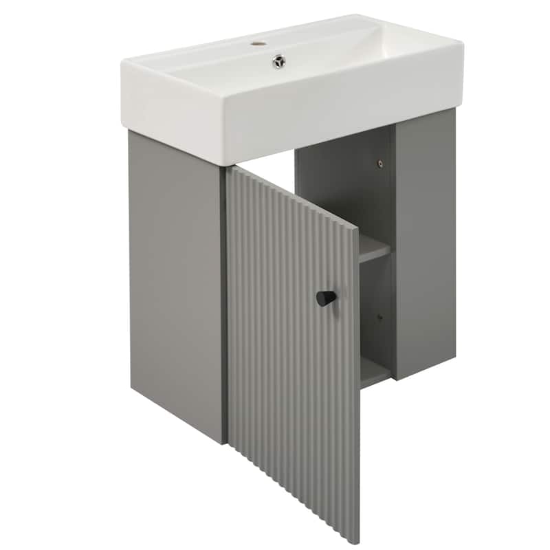 21.6 inch Modern Floating Bathroom Vanity with Ceramic Basin - Perfect for Small Bathrooms, Right side storage