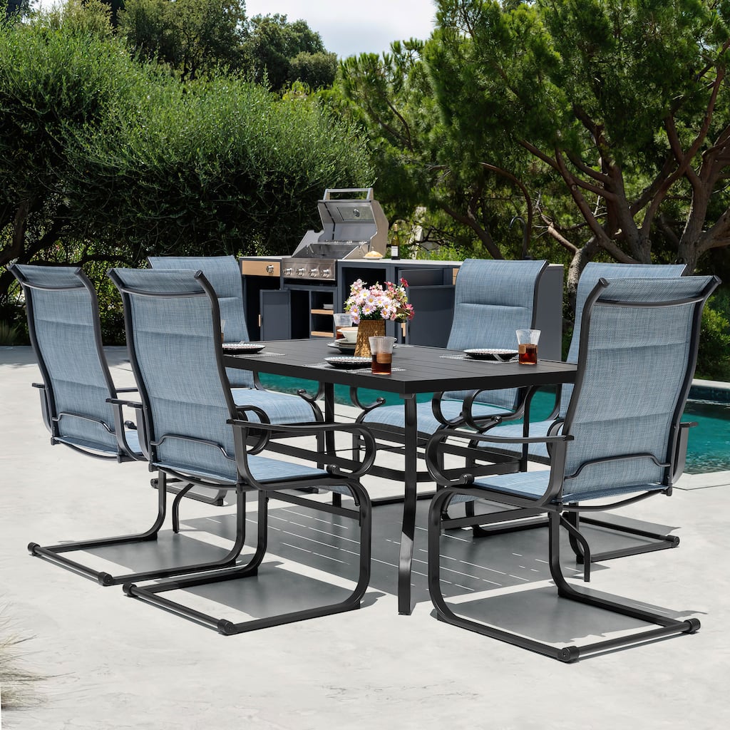 7PCS Padded Textilene Patio Dining Set with Umbrella Hole, C-Spring Motion