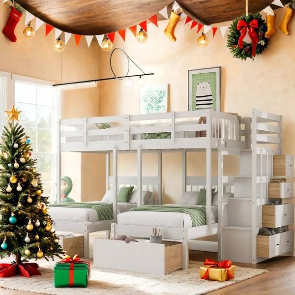 slide 2 of 36, Full Over Twin & Twin Bunk Bed, Wood Triple Bunk Bed with Drawers and Guardrails,Bunk Bed with Storage Drawers White