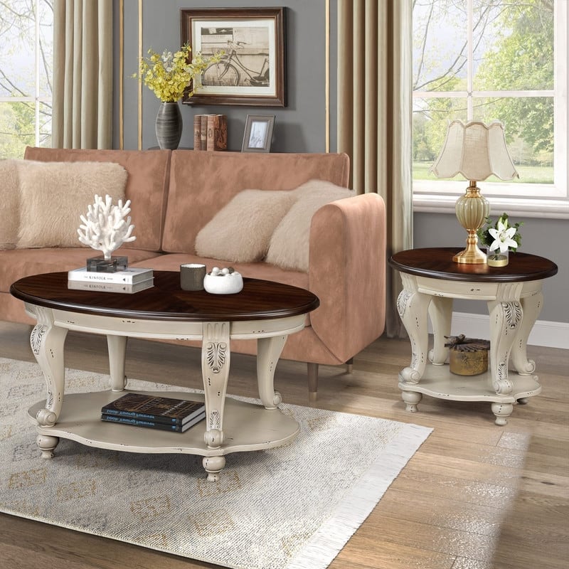 42 Inch Oval Wood Coffee Table with 2-Tier Open Shelf