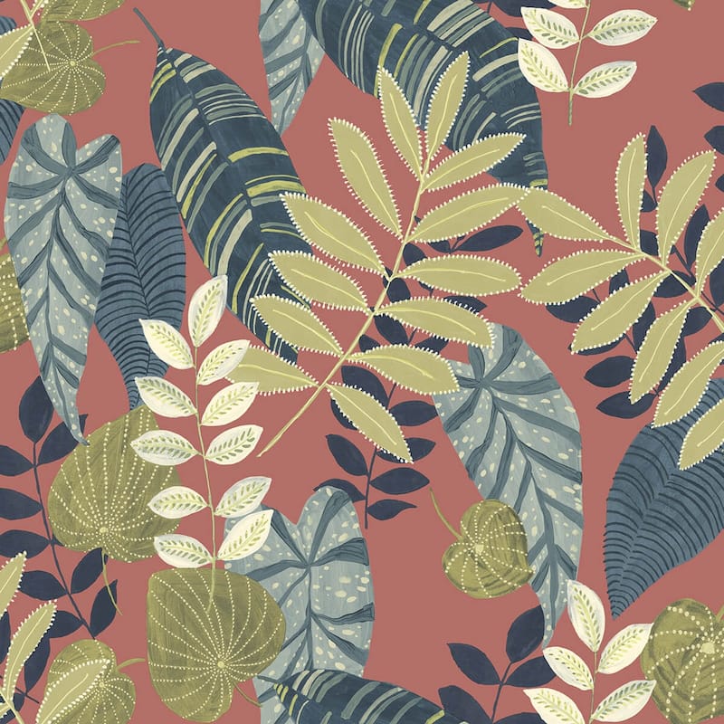 Seabrook Designs Boho Rhapsody Tropicana Leaves Unpasted Wallpaper - 27 in. W x 27 ft. L - Redwood, Olive, and Washed Denim