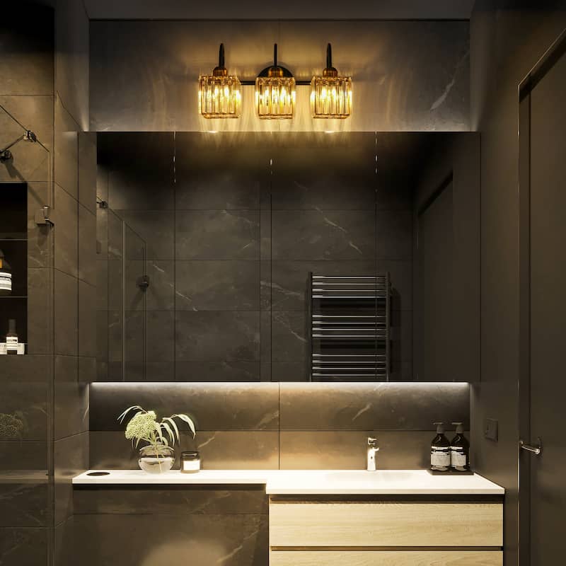 3/4-Light Mid-Century Modern Black and Gold Bathroom Vanity Light Cylinder Crystal Wall Sconces Lighting