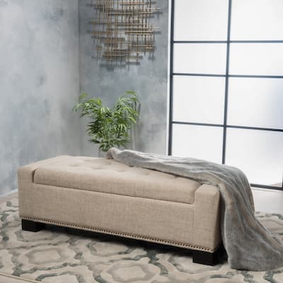 Farmhouse Style Fabric Solid Wood Storage Bench with Flip Top