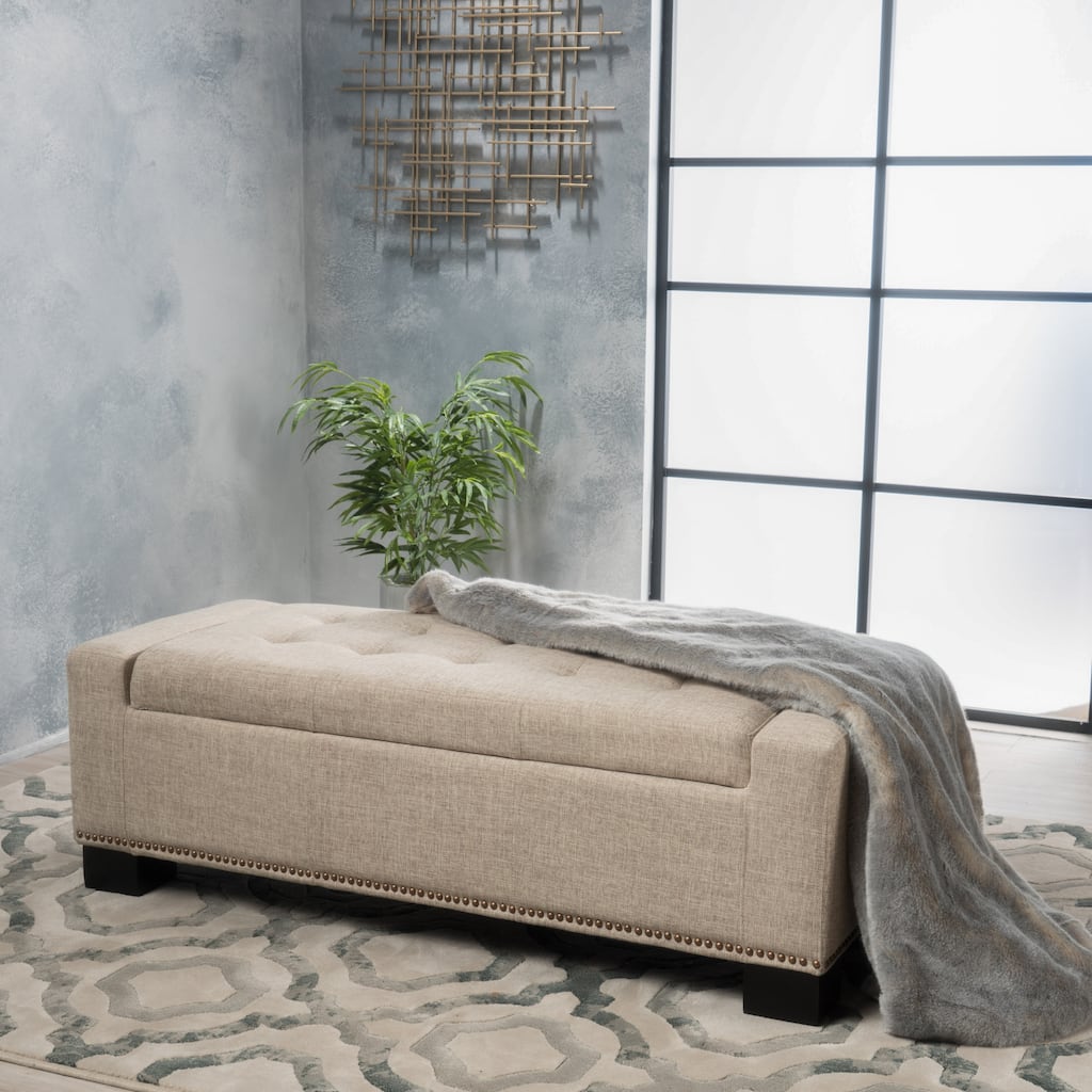 Farmhouse Style Fabric Solid Wood Storage Bench with Flip Top