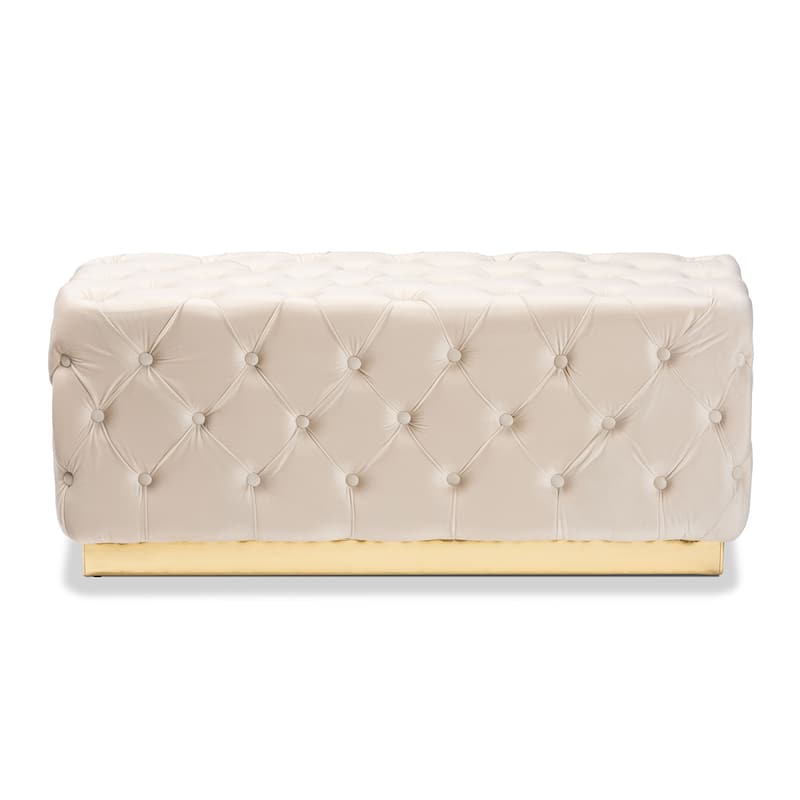 Corrine Glam and Luxe Velvet Fabric and Gold PU Leather Ottoman