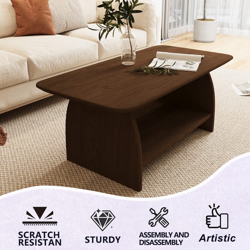 Modern Living Room Coffee Table, 47 Inch Double-Layer Rectangular With Storage Function, Safety Rounded Design, MDF Material