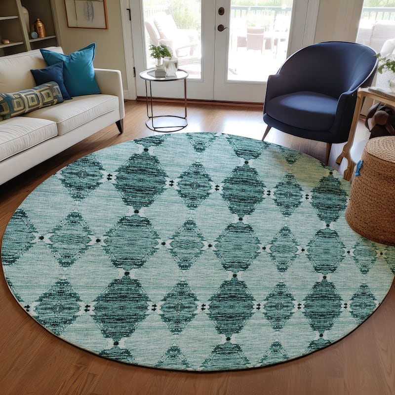 Machine Washable Indoor/ Outdoor Chantille Modern Boho Damask Rug - Teal - 8' x 8'
