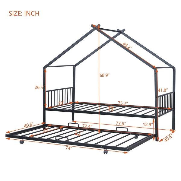 dimension image slide 4 of 6, Twin/Full Size Metal Platform Bed Frame with Twin Size Trundle, Kids House Bed with Headboard and Footboard