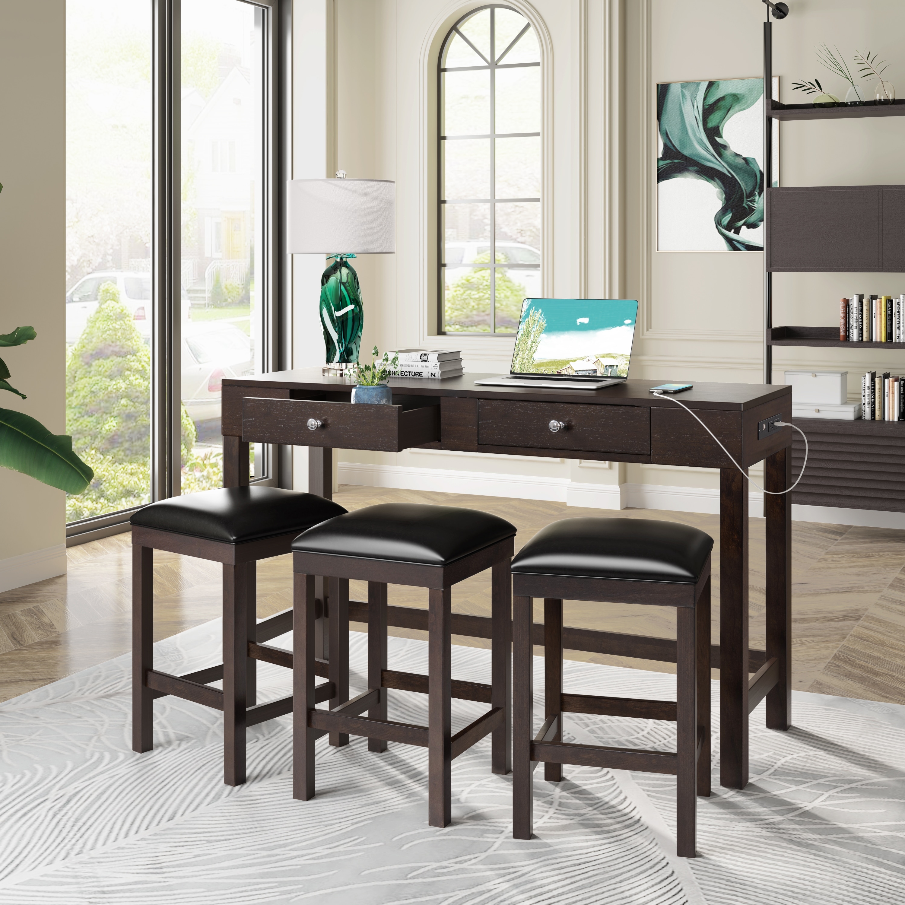 4 Piece Bar Table Set for 3 Rustic Wooden Rectangular Dining
