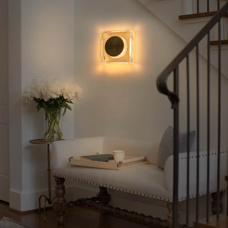 Square LED Wall Sconce Clear Textured Handblown Glass Shade Dimmable