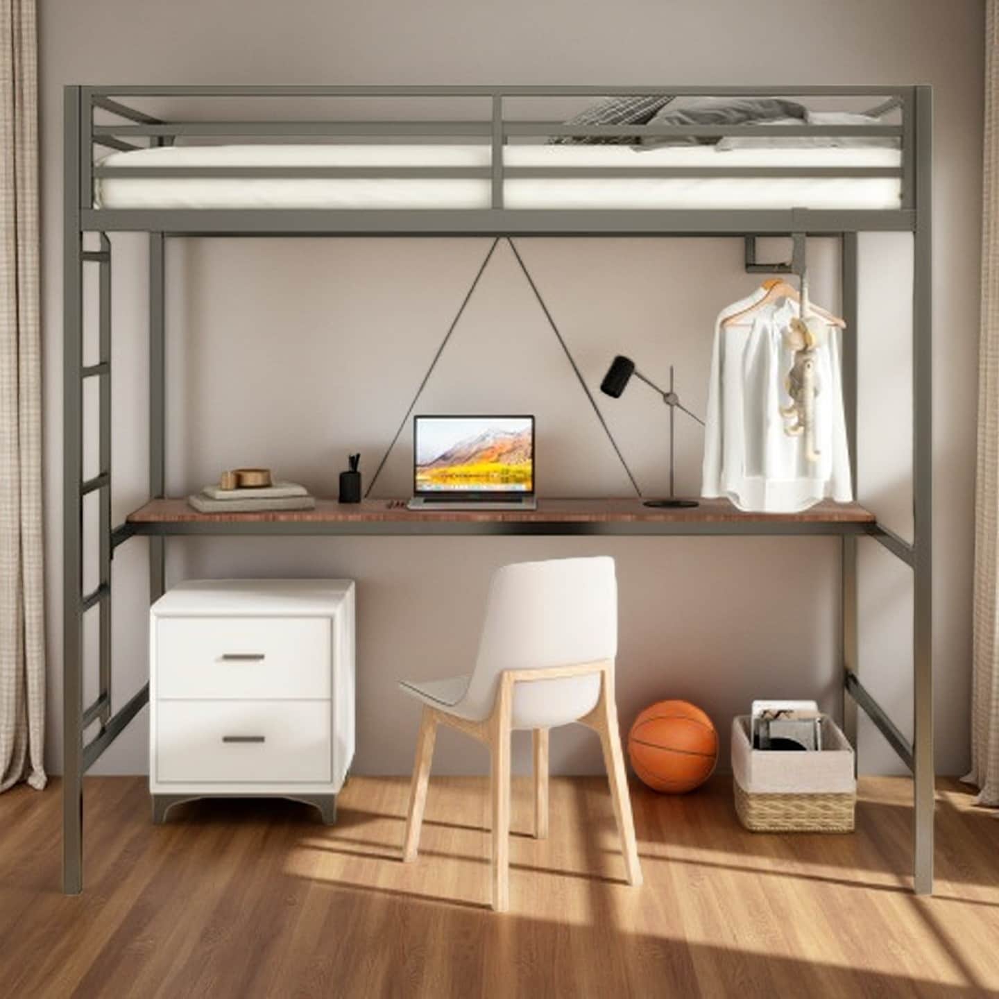 Twin Size Metal Loft Bed with Integrated Desk and Closet Rod, Space-Saving Frame with Guardrails and Ladder
