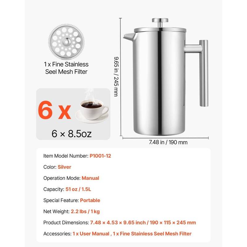Silver Stainless Steel French Press Coffee Maker Portable