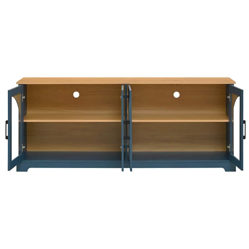Farmhouse TV Stand with Semi-Arched Glass Doors for TVs Up to 70",Adjustable Shelves,Wood Grain Sideboard with Cable Management